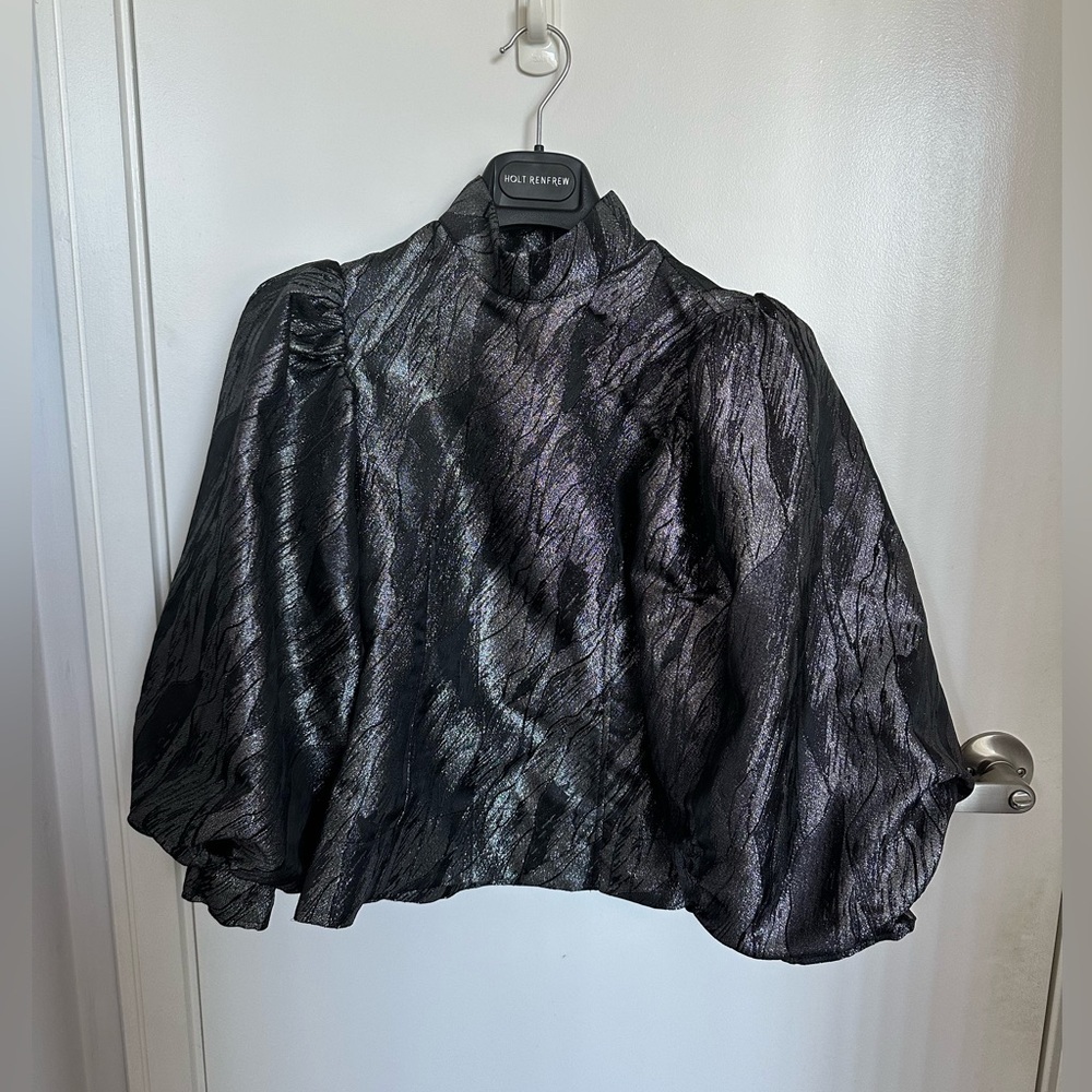 BNWT Ganni Black/Silver Jacquard Peplum Blouse Sz2